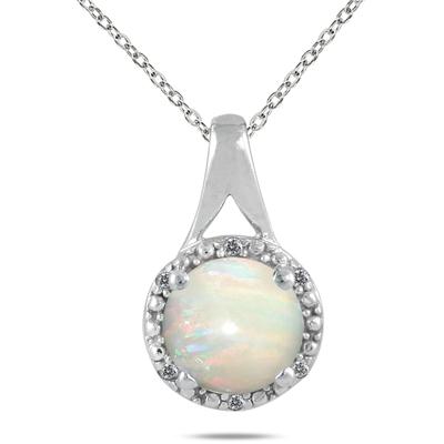 1.00 Carat 8MM All Natural Opal and Diamond Pendant in .925 Sterling Silver