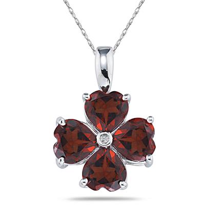 14k White Gold Diamond and Garnet Heart Flower Pendant
