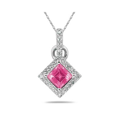 Princess Cut Pink Topaz & Diamond Pendant in 14K White Gold