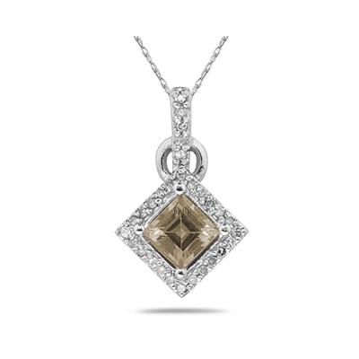 Princess Cut Smokey Quartz & Diamond Pendant in 14K White Gold