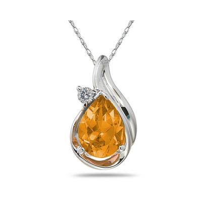 Pear Shaped Citrine and Diamonds Raindrop Pendant in White Gold