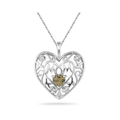 Smokey Quartz and Diamond MOM Pendant in White Gold
