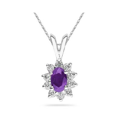 6X4mm Oval Shaped Amethyst and Diamond Flower Pendant in 14k White Gold