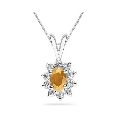 6X4mm Oval Shaped Citrine and Diamond Flower Pendant in 14k White Gold