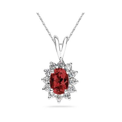 7X5mm Oval Shaped Garnet and Diamond Flower Pendant in 14k White Gold