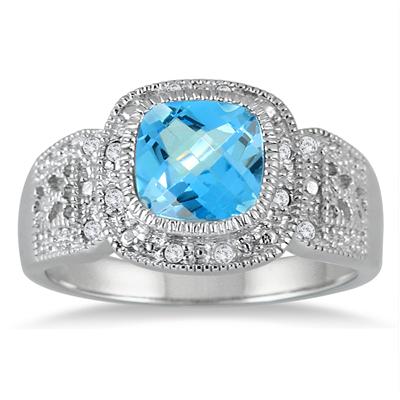 1.75 Carat Cushion Cut Blue Topaz and Diamond Antique Ring in .925 Sterling Silver