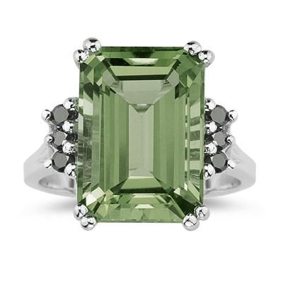 Emerald Cut Green Amethyst and Black Diamond Ring 10k White Gold.