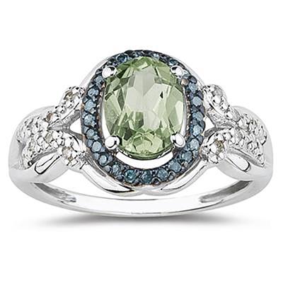 Green Amethyst and Blue and White Diamond Ring in 10K White Gold