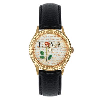 Postal Service Collection "Rose Flower Love" Watch with Black Leather Strap