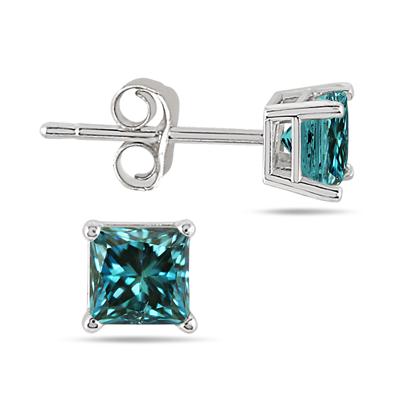 1/4 Carat Princess Cut Blue Diamond Solitaire Earrings in 14K White Gold