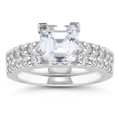 18k White Gold Prong Set Diamond Engagement Ring with Matching Band