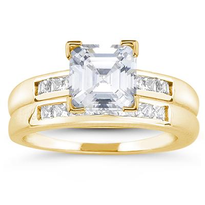 14k Yellow Gold Channel Set Princess Engagement Ring with Matching Band