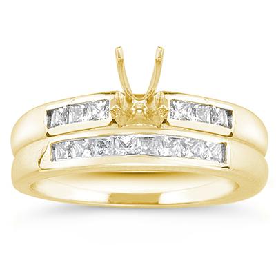 18k Yellow Gold Channel Set Princess Engagement Ring with Matching Band