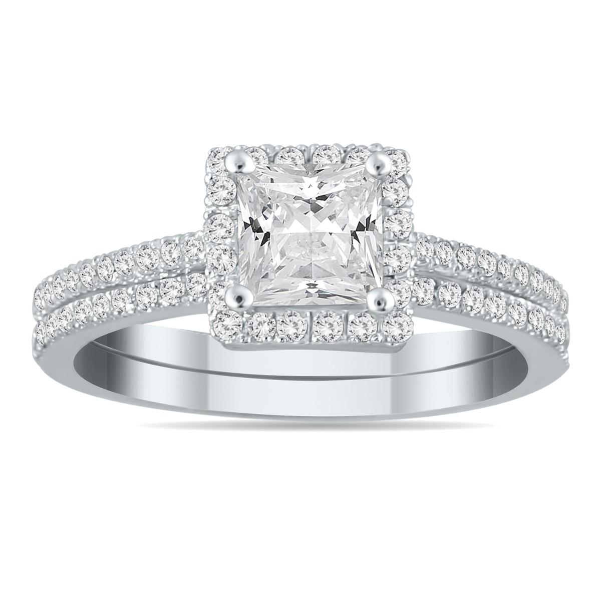 Certified 1 1/10 Carat TW Halo Princess Cut Diamond Bridal Set in 14K ...