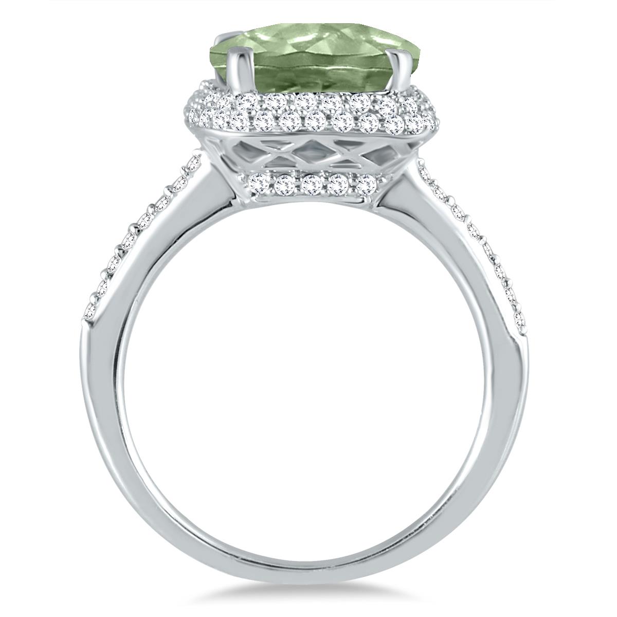 Cushion Cut Green Amethyst and Diamond Halo Ring in 10K White Gold