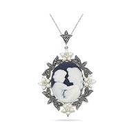 14k White Gold Plated Freshwater Pearl Cameo MOM Pendant 