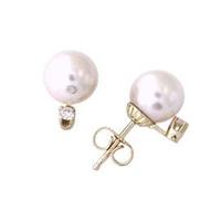 6 - 6.5mm Cultured Round Pearl and .10ct Diamond Stud Earrings 14K Yellow Gold