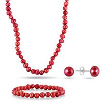 7-8MM All Natural Freshwater Cranberry Rice Cultured Pearl Jewelry Set in .925 Sterling Silver