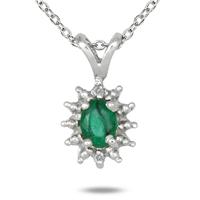 Oval Shaped Emerald and Diamond Flower Pendant in .925 Sterling Silver