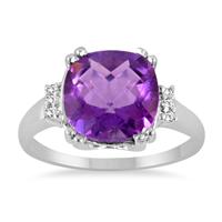 3.50 Carat Cushion Cut Amethyst and Diamond Ring in .925 Sterling Silver