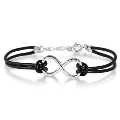 Sterling Silver Infinity Bracelet with Genuine Leather Strap