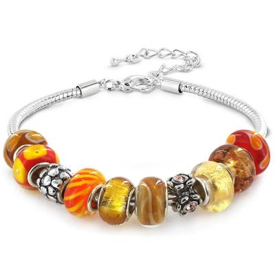 Hand Blown Fall Special Amber Glass Bead and Crystal Charm Bracelet in Plated Sterling Silver