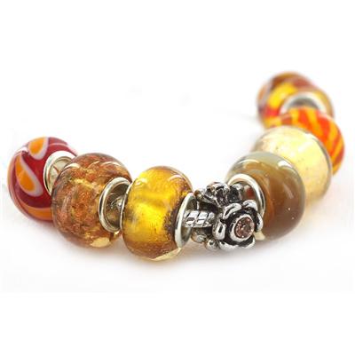 Hand Blown Fall Special Amber Glass Bead and Crystal Charm Bracelet in Plated Sterling Silver