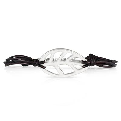 Stainless Steel Leaf Bracelet with Genuine Leather Strap
