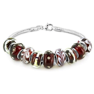 Hand Blown Merlot Glass Bead Bracelet with 14K White Gold Inlay