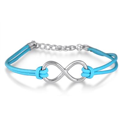 Sterling Silver Infinity Bracelet with Genuine Blue Leather Strap