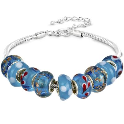 Hand Blown Murano Style Blue Glass Silver Bead Bracelet