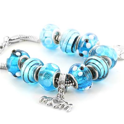 Hand Blown Blue MOM Glass Bead and Charm Bracelet 