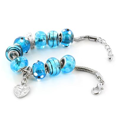 Hand Blown Blue MOM Glass Bead and Charm Bracelet 