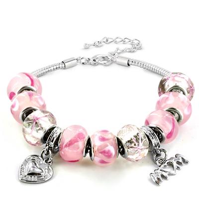 Hand Blown Pink MOM Glass Bead and Charm Bracelet 