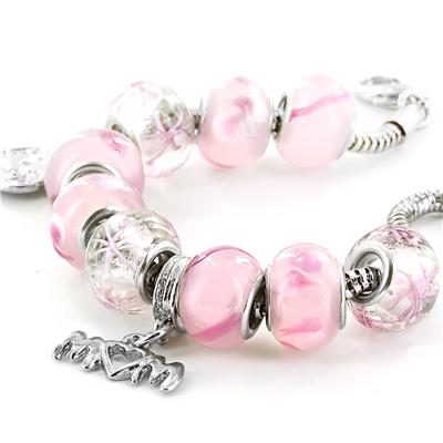 Hand Blown Pink MOM Glass Bead and Charm Bracelet 