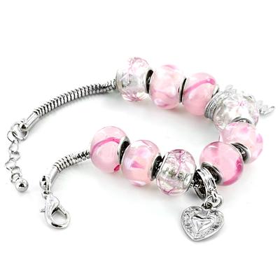 Hand Blown Pink MOM Glass Bead and Charm Bracelet 