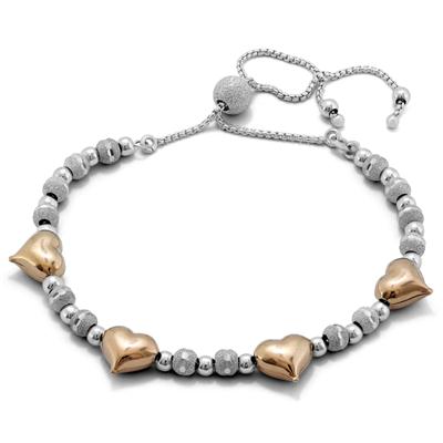 Two Toned Heart Shimmer Bolo Bead Bracelet in .925 Sterling Silver