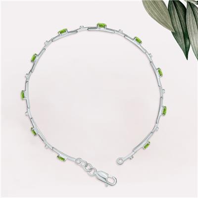 Peridot and Natural Diamond Double Bar Link Bracelet in .925 Sterling Silver