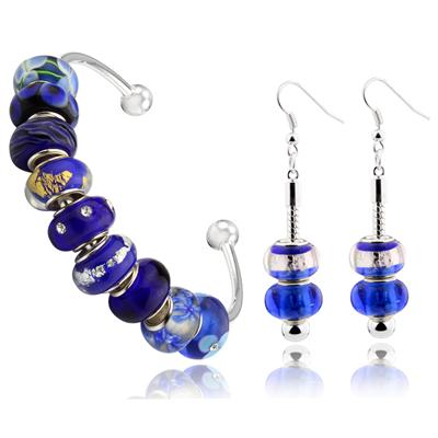 Royal Blue Design Infused Silver Glass Bead Bangle and Earring Set