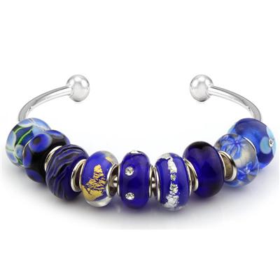 Royal Blue Design Infused Silver Glass Bead Bangle and Earring Set