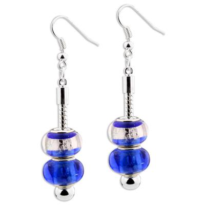 Royal Blue Design Infused Silver Glass Bead Bangle and Earring Set