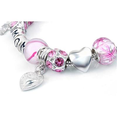 Hand Blown Pink Glass Bead and MOM Charm Bracelet with FREE Matching Necklace