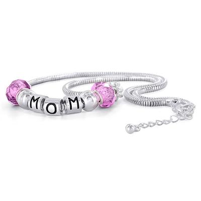 Hand Blown Pink Glass Bead and MOM Charm Bracelet with FREE Matching Necklace