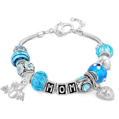Hand Blown Blue Turquoise MOM Glass Bead and Charm Bracelet with FREE Matching Necklace
