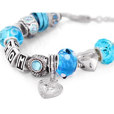Hand Blown Blue Turquoise MOM Glass Bead and Charm Bracelet with FREE Matching Necklace