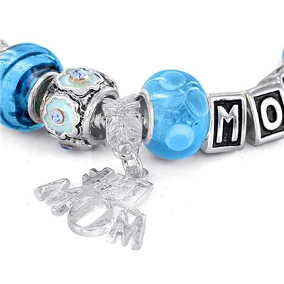 Hand Blown Blue Turquoise MOM Glass Bead and Charm Bracelet with FREE Matching Necklace