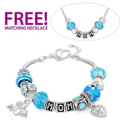 Hand Blown Blue Turquoise MOM Glass Bead and Charm Bracelet with FREE Matching Necklace