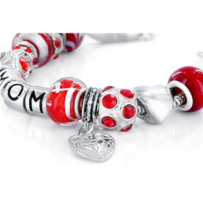 Hand Blown Red Glass Bead and MOM Charm Bracelet with FREE Matching Necklace