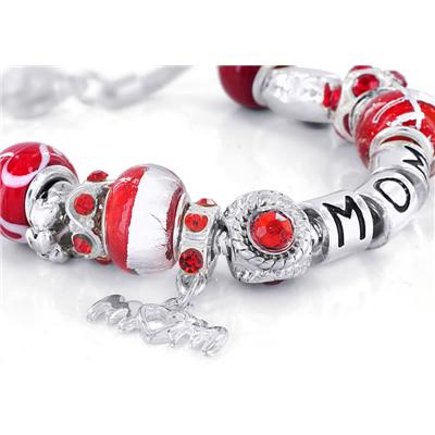 Hand Blown Red Glass Bead and MOM Charm Bracelet with FREE Matching Necklace
