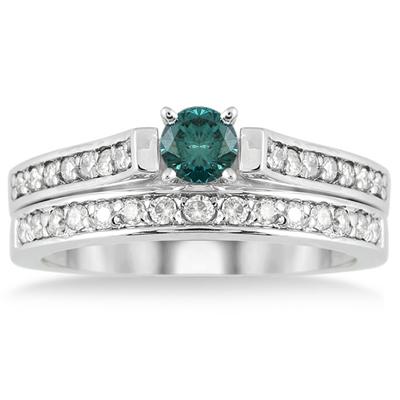 3/4 Carat T.W Blue and White Diamond Bridal Set in 10K White Gold